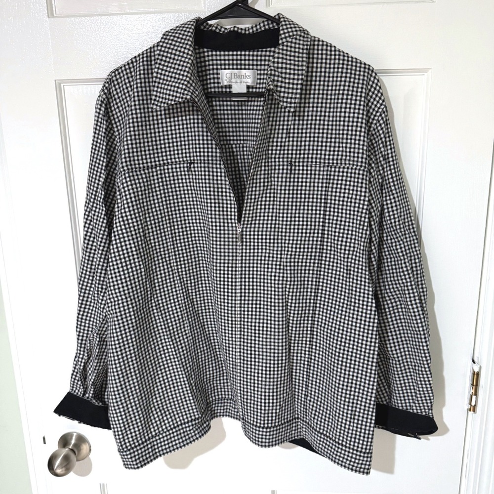 CJ Banks Womens 2X Black White Gingham Cotton Full Zip Lightweight Jacket